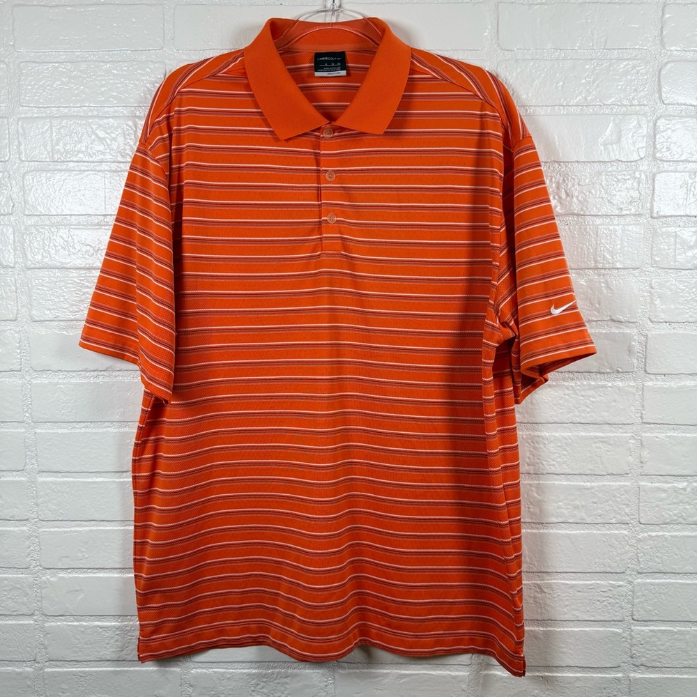 Nike Golf Polo Mens XL Orange Striped Swoosh Logo Golf Shirt Performance Summer